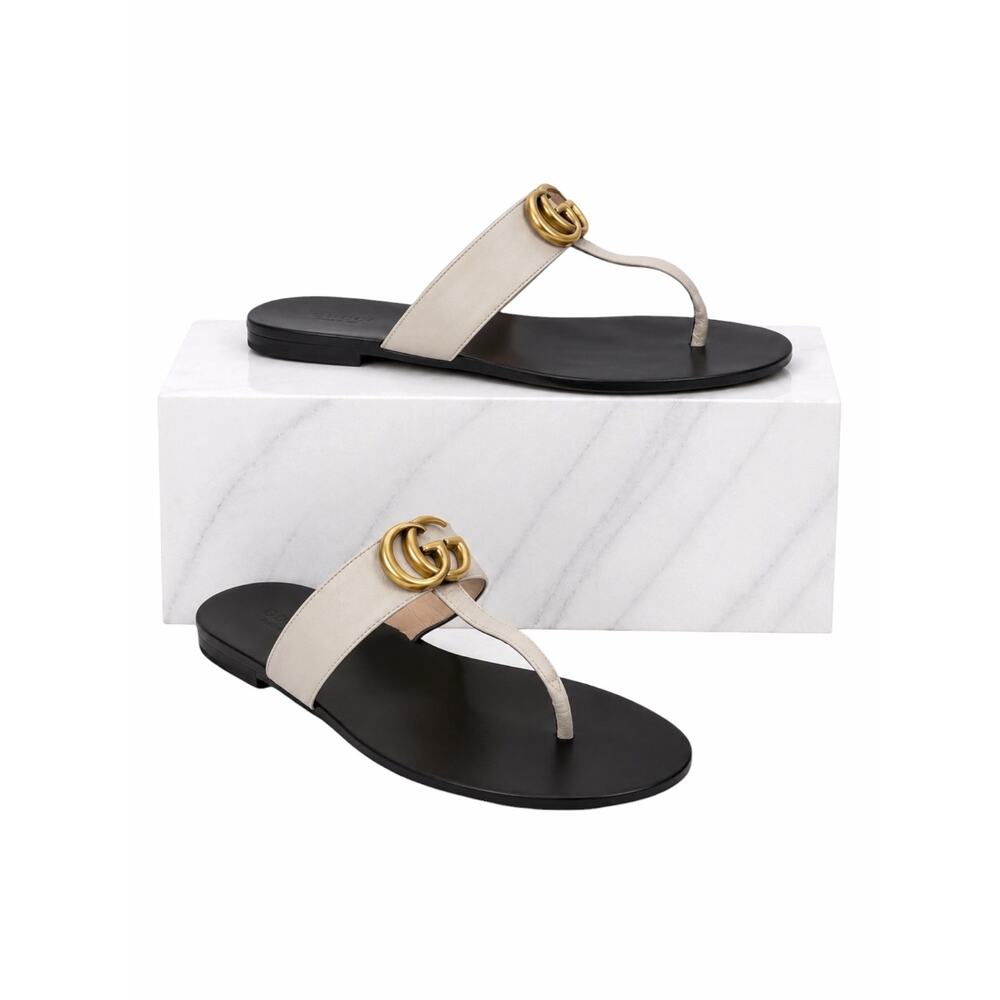 Gucci Leather Thong Sandal Gold Double G Logo Cream White Size 37